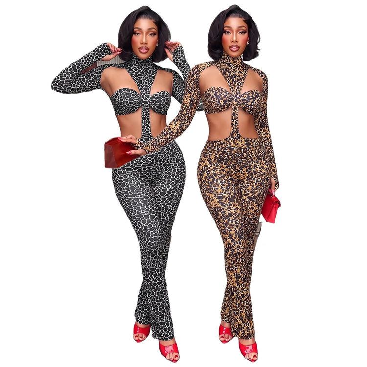 10 Bulk Items Wholesale Lots Jumpsuits Women Long Sleeve Bodycon Sexy Y2k Leopard Printing O-neck Rompers Streetwear K17649