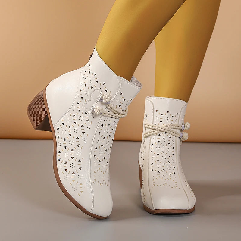 2025 Summer New Women's Fashion Hollow-Out Soft Sole Mid-Heel Ankle Boots, Retro Breathable Comfortable Shoes