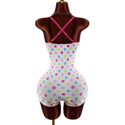 HLJ&GG Sexy Polka Dot Print Lace Splicing Bodycon One Piece Rompers Women Spaghetti Strap Sleeveless Backless Jumpsuits Street