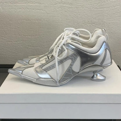 Silver Lace-up Sports Heels Women Fashions Pointed Toe Strange Style Mesh Sneakers Elegant Punk Shoes Female Luxury Brands Pumps