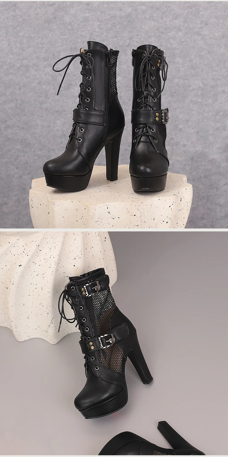 Plus Size Hollowed Out Mesh Patchwork PU Cross Tie Side Zipper Summer Cool Mid-Calf Boots Platform Ultra-High Thick Heel Boots