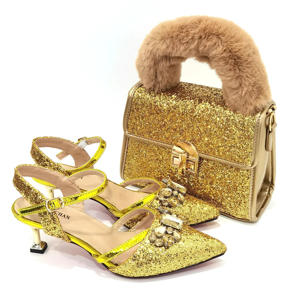 Venus Chan 2022 Nigerian Fashionable Silver Color Peep Toe Shoes Matching Bag Set For Royal Ladies Wedding Party Sandal
