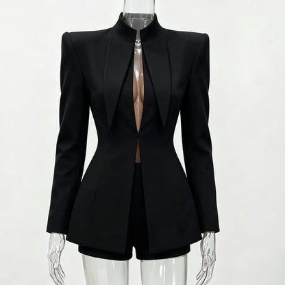 Women Chic Solid Shorts Suit Stand Collar Waist Cinching Slim Fit 2 Piece Suits 2026 Spring Autumn Lady  Elegant Outfits New