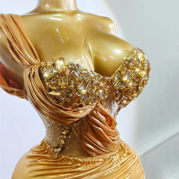 Woman Performance Suit Sexy Pink Backless Strapless Rhinestones Dress Event Costume Dancewear Top And Skirt Birthday Drag Club