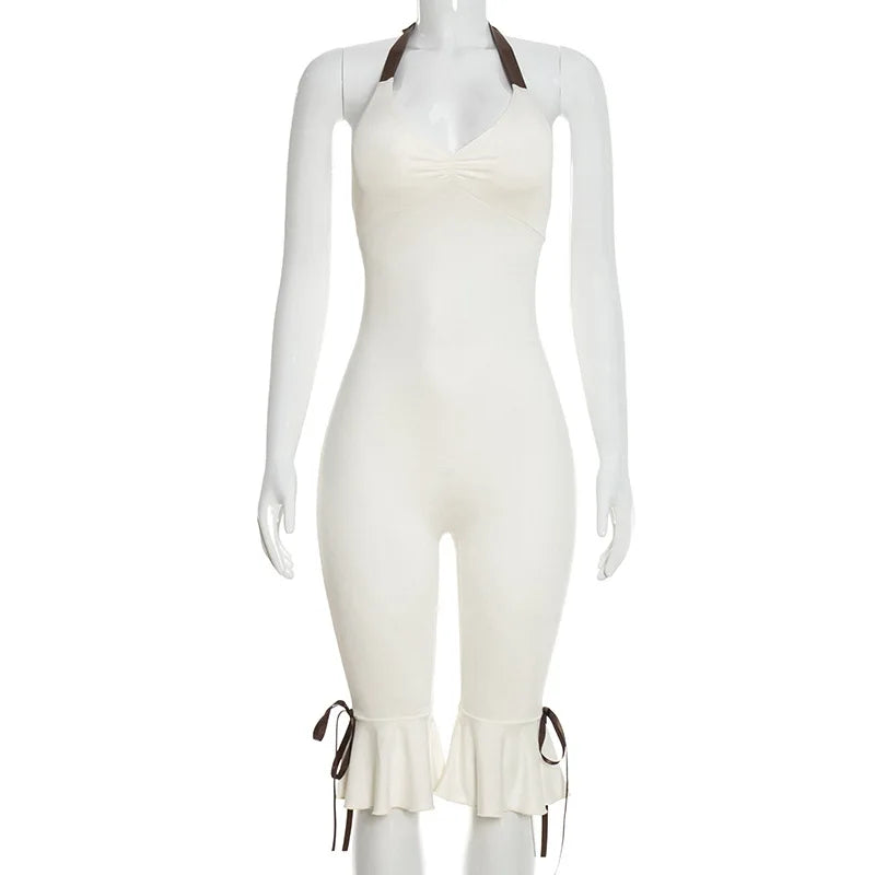 Summer Lace Up Halter Bow Y2K Jumpsuit Women Sexy V Neck Backless Bandage Skinny Party Club Rompers Beach Holiday Overall Outfit