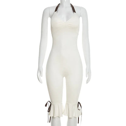 Summer Lace Up Halter Bow Y2K Jumpsuit Women Sexy V Neck Backless Bandage Skinny Party Club Rompers Beach Holiday Overall Outfit