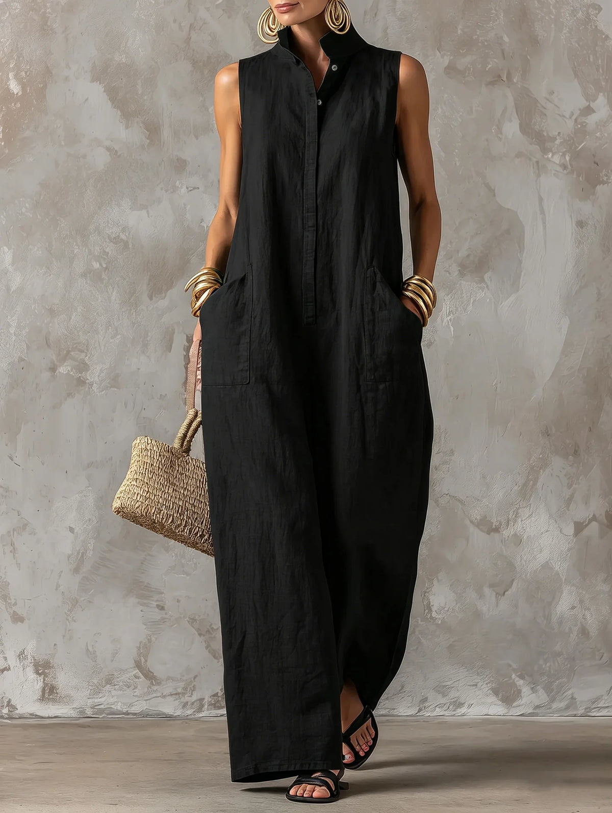 Women Linen Sleeveless Jumpsuit Stand Collar Button Down Wide Leg Long Romper Casual Loose Pockets Vacation Overalls