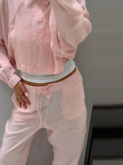 Stand Collar Thin Cropped Coats Pants Suits Women Street Lantern Long Sleeve Zipper Loose Tops Drawstring Wide Leg Trousers Sets