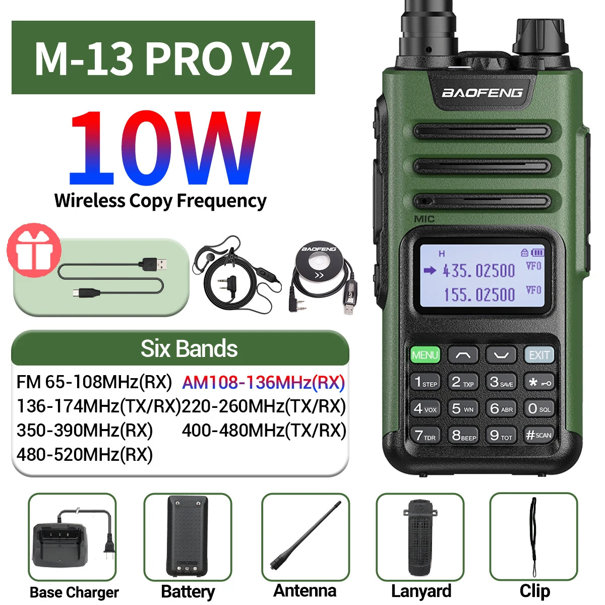 Baofeng M-13 Pro V2 Air Band Walkie Talkie Long Range Wireless Copy Frequency Multi Band NOAA Type-C AM Two Way Radio