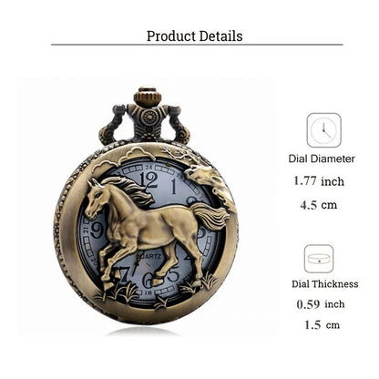 Vintage Bronze Hollow Horse Animal Design Quartz Pocket Watch With Necklace Gift Fashion New Men Women Exquisite Watches