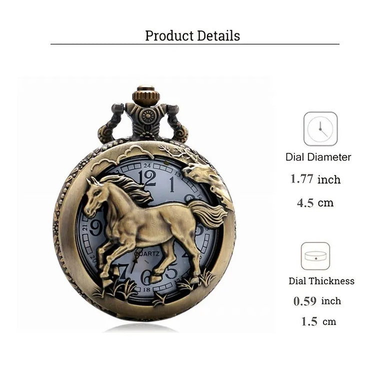 Vintage Bronze Hollow Horse Animal Design Quartz Pocket Watch With Necklace Gift Fashion New Men Women Exquisite Watches