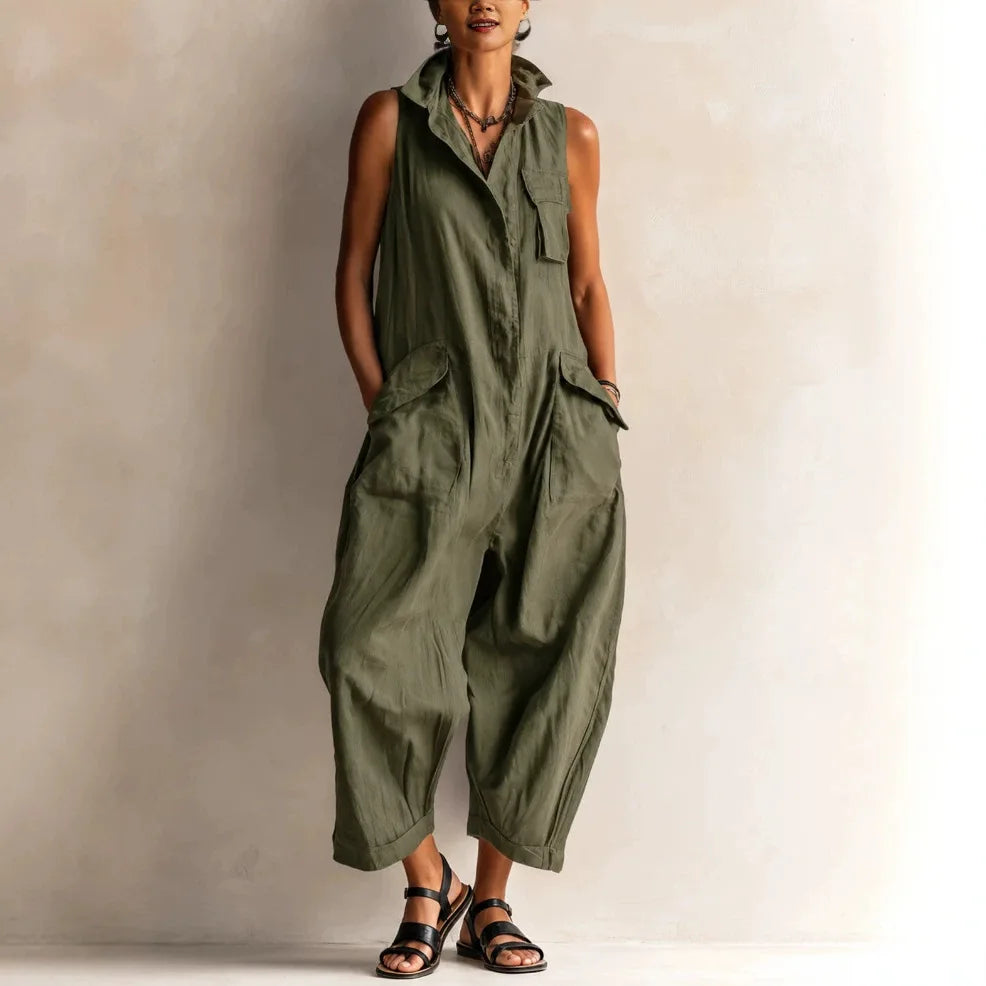 Jumpsuits Women Rompers Summer Fashion Sleeveless Lapel Loose Comfortable Solid Pocket Vacation Casual Jumpsuits Womens Clothing