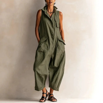 Jumpsuits Women Rompers Summer Fashion Sleeveless Lapel Loose Comfortable Solid Pocket Vacation Casual Jumpsuits Womens Clothing