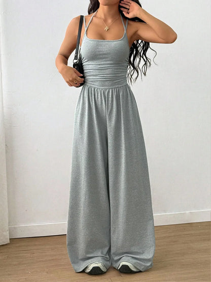 Women Halter Spaghetti Strap Jumpsuits Summer Casual Elastic High Waist Backless Wide Leg Long Pants Romper Club Party Overalls