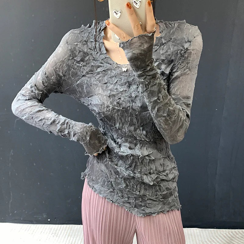 LANMREM Grey 2026 Spring Summer New Handmade Pleated Women's T-shirt Long Sleeve High Elastic Slimming Pullover Tops 2DB6772