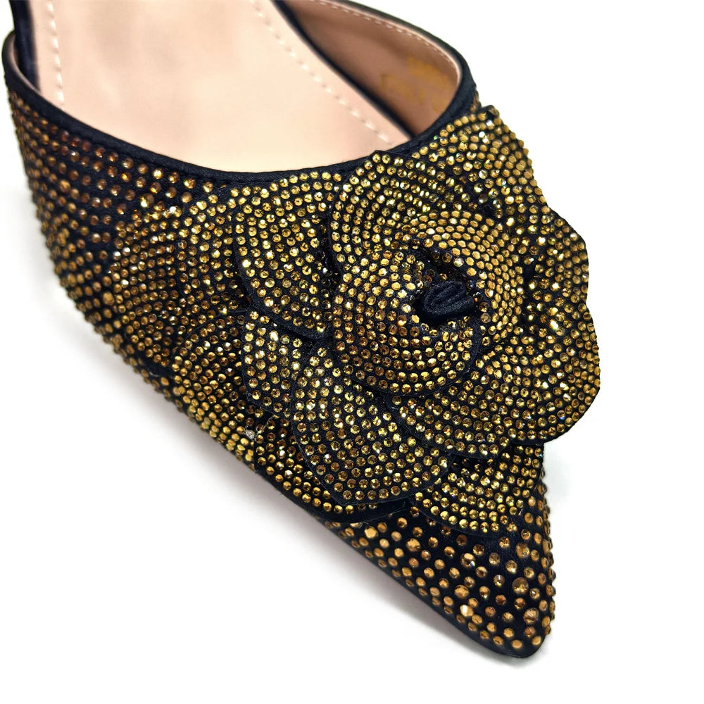 Italian Design Evening Shoes And Bags Paired With Handmade Petal Gold Colour Pointed Toe Mid-Heel Shoes For Women Party Shoes