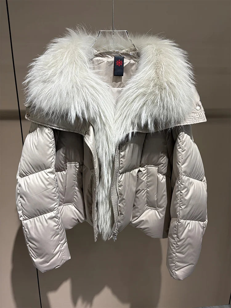 2026 New Winter Warm Women White Goose Down Jacket Real Large Fox Fur Collar Loose Short Puffer Coat Ladies Parka Outerwear
