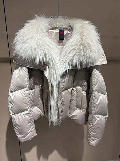 2026 New Winter Warm Women White Goose Down Jacket Real Large Fox Fur Collar Loose Short Puffer Coat Ladies Parka Outerwear