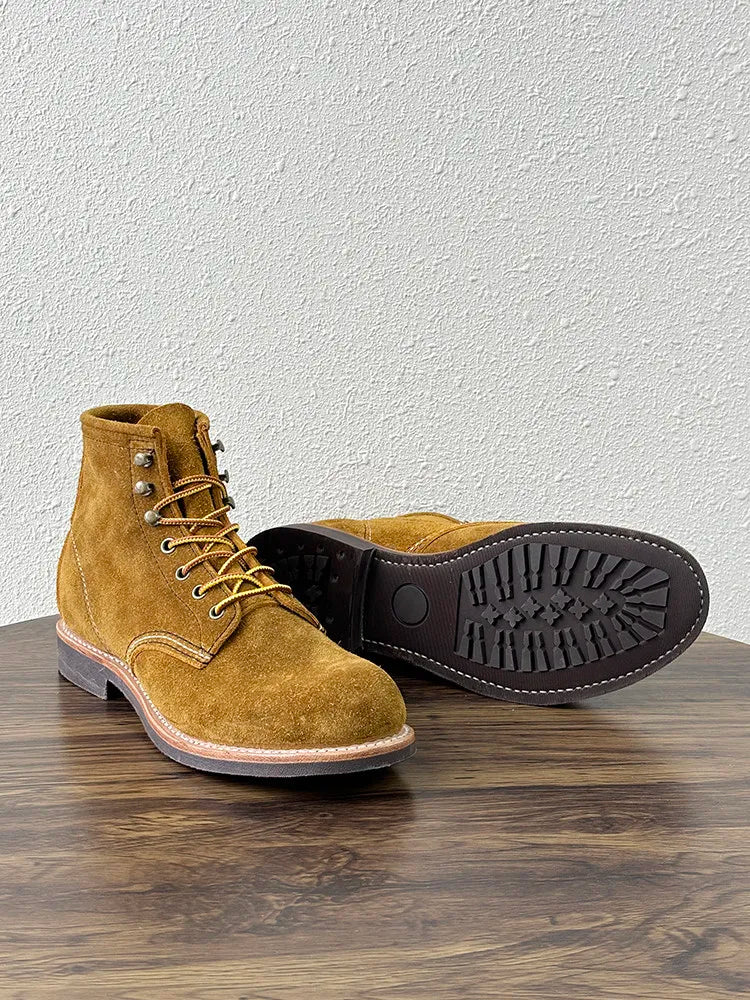 Mens Lace Up High Top Real Cow Suede Leather Work Shoes High Quality Ankle Boots Motorcycle Riding Safety Shoes Vintage Boots 45