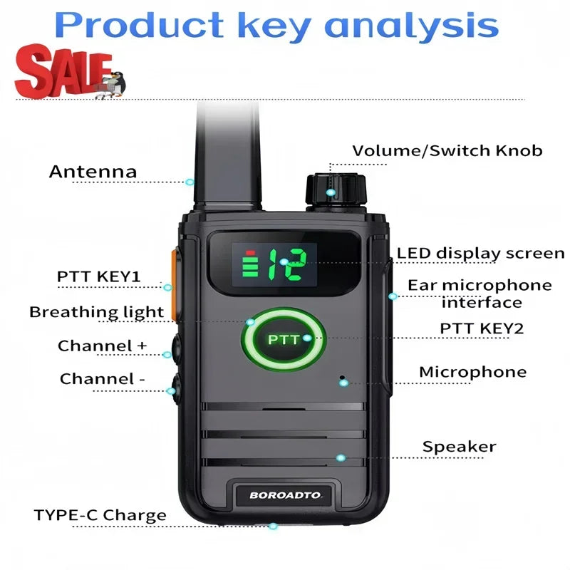 Rechargeable Long Range UHF Walkie Talkie 400-470MHz 16CH Clear Sound Compact Handheld Two Way Radio with Strong Signal Interpho