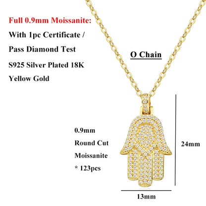 EWYA Hamsa Hand Full 0.9mm Moissanite Pendant Necklace for Woman Men 925 Silver Pass Diamond Test Hip Hop Fine Neck Jewelry Gift
