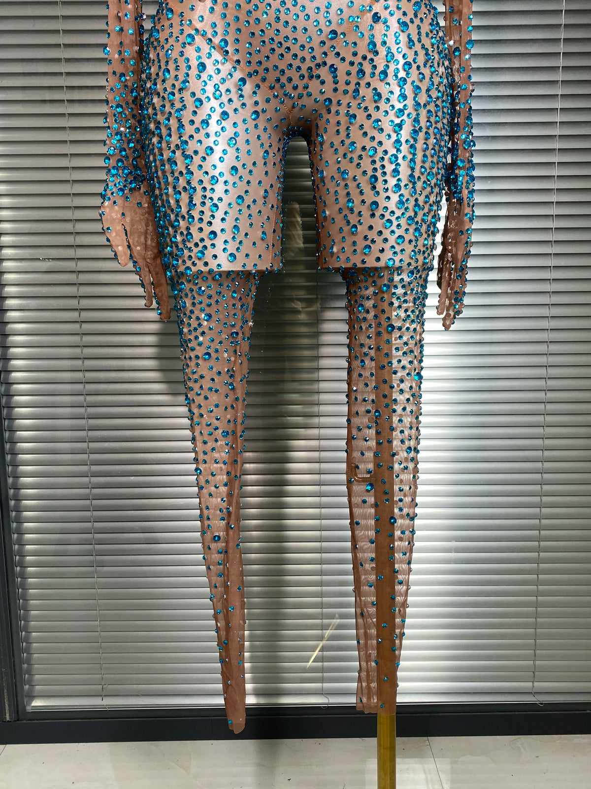 Women Sexy Crystal Sheer Blue Silver Skin Bodycon Jumpsuit Celebrity Designer Shinning Dancer Night Club Rompers Gloves