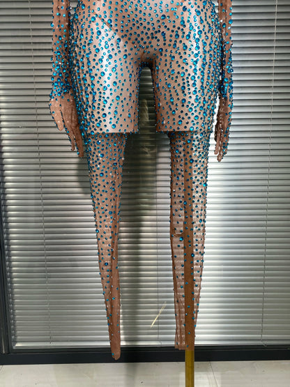 Women Sexy Crystal Sheer Blue Silver Skin Bodycon Jumpsuit Celebrity Designer Shinning Dancer Night Club Rompers Gloves