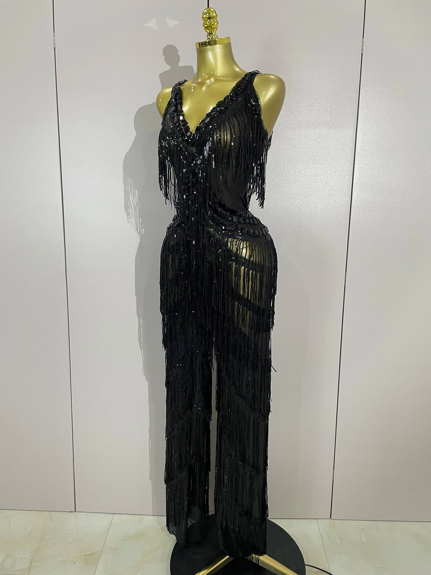 Sparkly Black Rhinestones Sequined Fringe Jumpsuit Women Sexy Nightclub Party Birthday Outfit Show Singer Stage Perform Costume