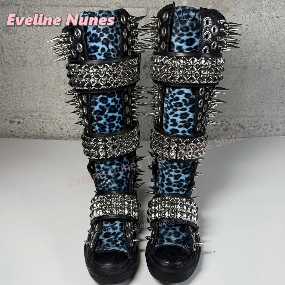 Blue Leopard Print Platform Knee High Boots Metal Spikes and Studs Decor Multi Strap Design Punk Goth Canvas Shoes 2026 Trend