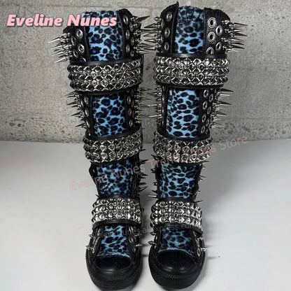 Blue Leopard Print Platform Knee High Boots Metal Spikes and Studs Decor Multi Strap Design Punk Goth Canvas Shoes 2026 Trend