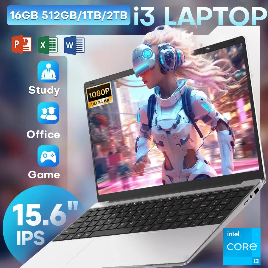 15.6 inch Intel Notebook PC Ultra Slim Laptop Intel Core I3 6100U 16GB RAM 1TB 2TB SSD Office Study Computer PC Windows 11 Pro