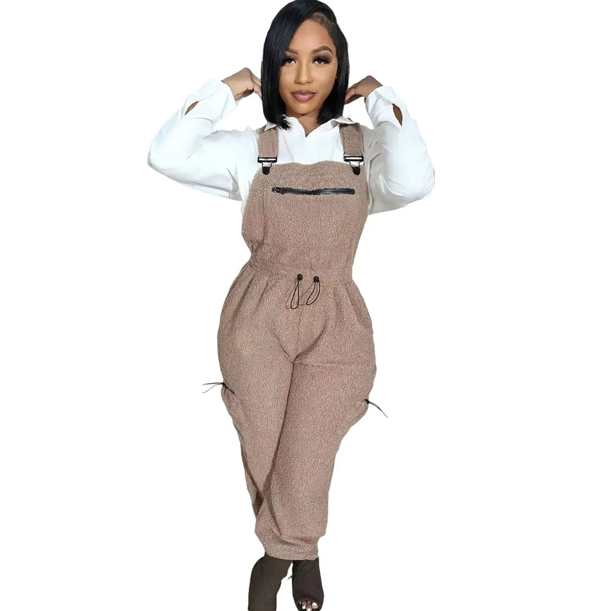 Lace Up Jumpsuit Women One Piece Jumpsuits Fur Rompers High Waist Spring Autumn Pants Mom Overalls Playsuits Elegant Pink