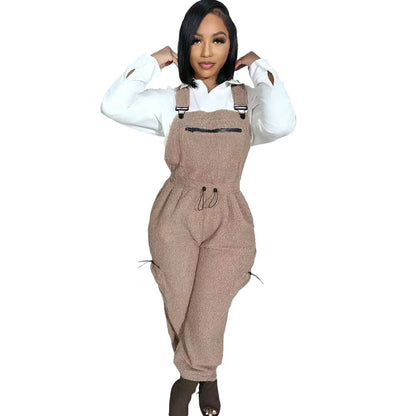 Lace Up Jumpsuit Women One Piece Jumpsuits Fur Rompers High Waist Spring Autumn Pants Mom Overalls Playsuits Elegant Pink
