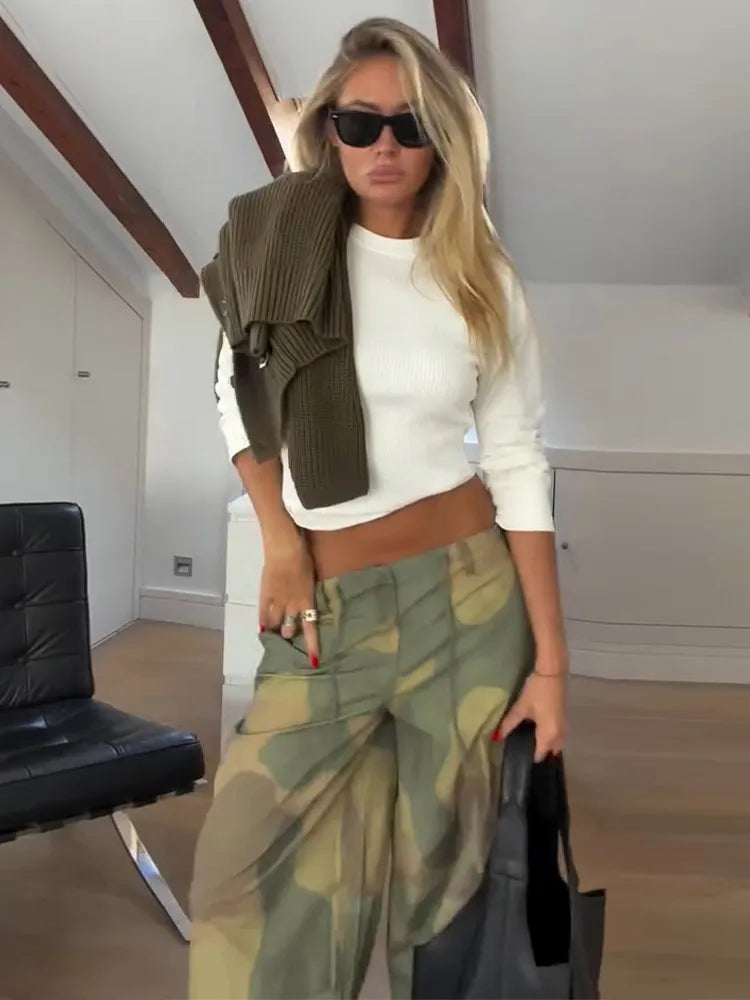 Women Camouflage Cargo Long Pants High Waist Wide Leg Drawstring Hem Baggy Trousers 2026 Autumn Casual Chic Vintage Streetwear