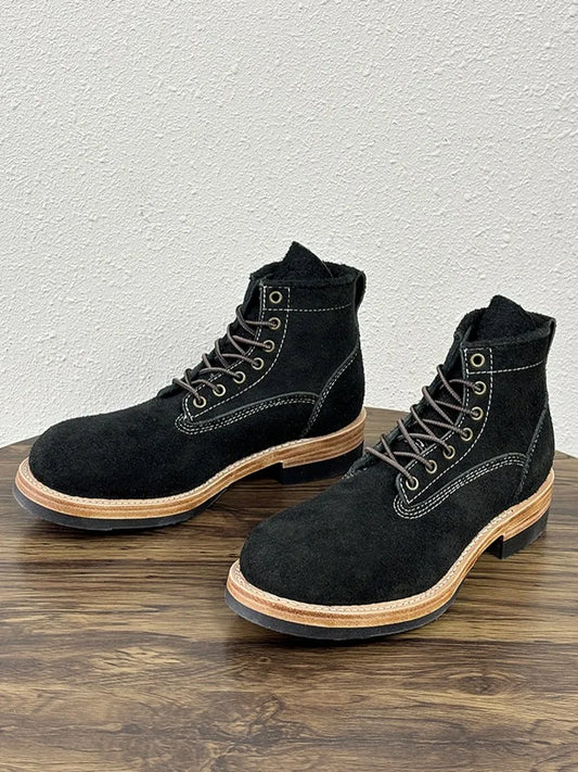 Mens Real Cow Suede Leather Work Safety Ankle Boots Round Toe High Top Shoes Vintage Lace Up Motorcycle Biker Riding Boots 47