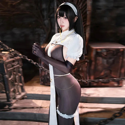 Sexy Nun Uniform Cosplay Halloween Costume Lingerie Open Crotch Jumpsuit Black See Though Tight Bodysuit Women Bodystocking
