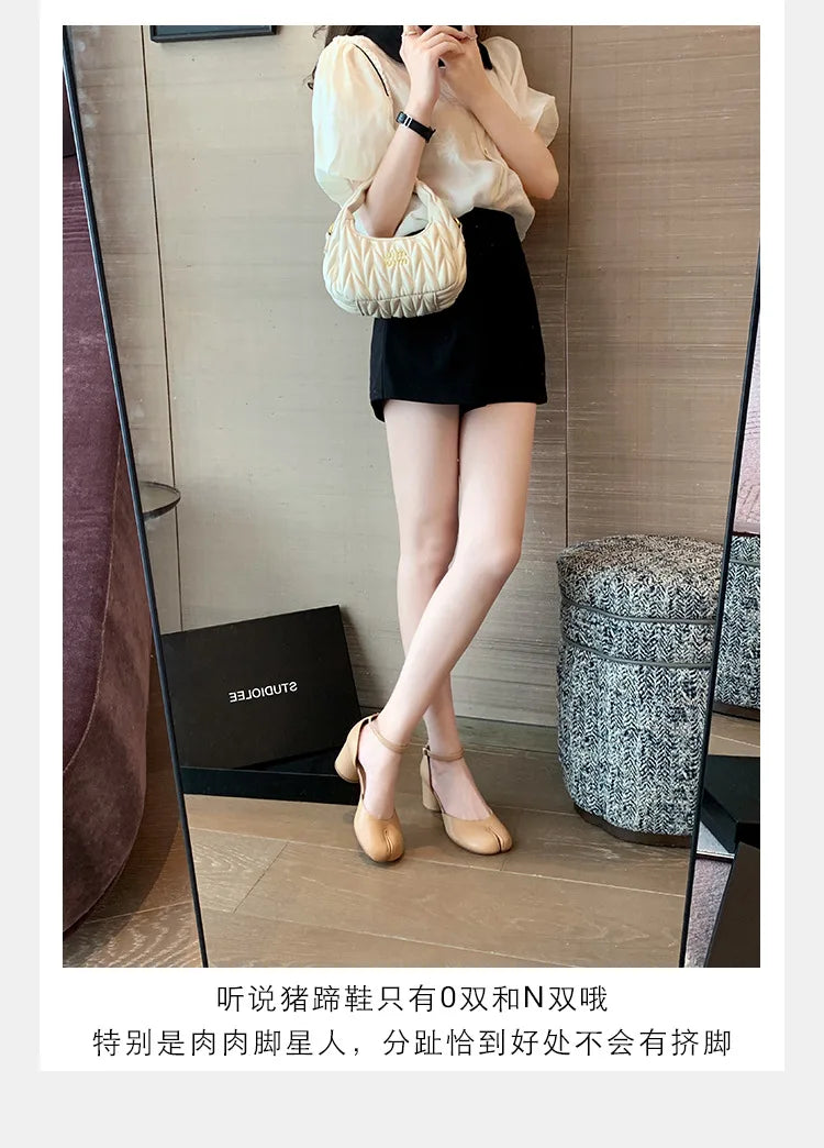 Modern Heels Pumps Women Round High Heel Leather Square Split Toe Pumps Shoes Spring Summer Sandals Mary Janes Shoes Heels Women