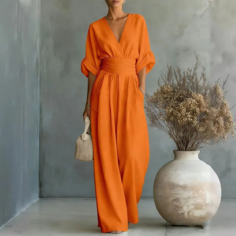 2026 Women V Neck Waist Wide Leg Jumpsuit Casual Elegant Summer One Piece