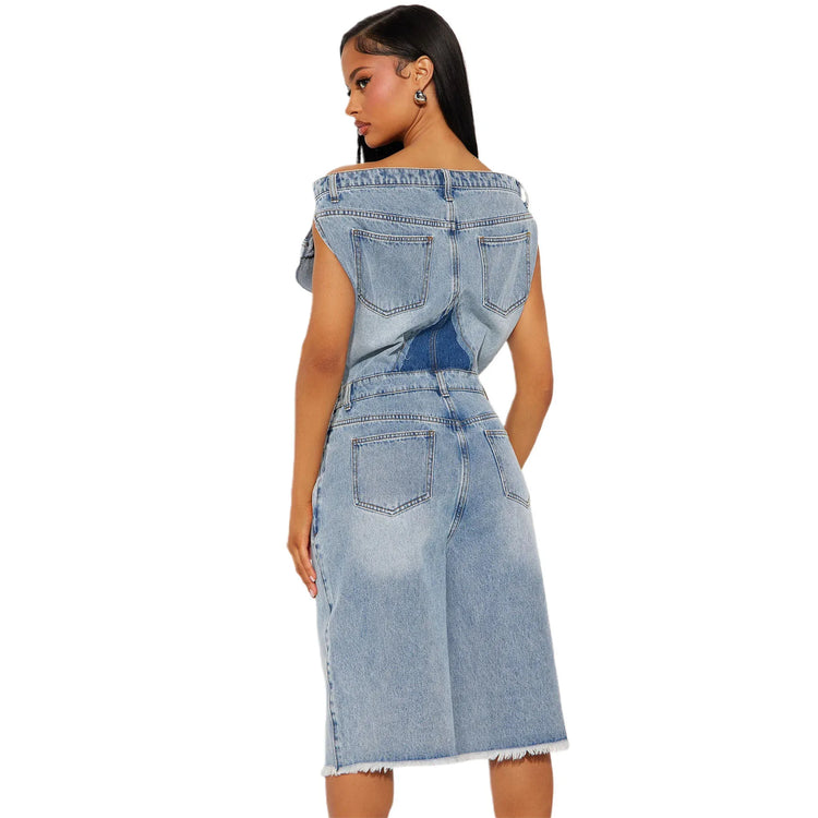 Jumpsuits Women Denim One Piece Short Sleeve Overalls Knee Length Pants Tight Waist Rompers Y2k Streetwear Slash Neck 2026