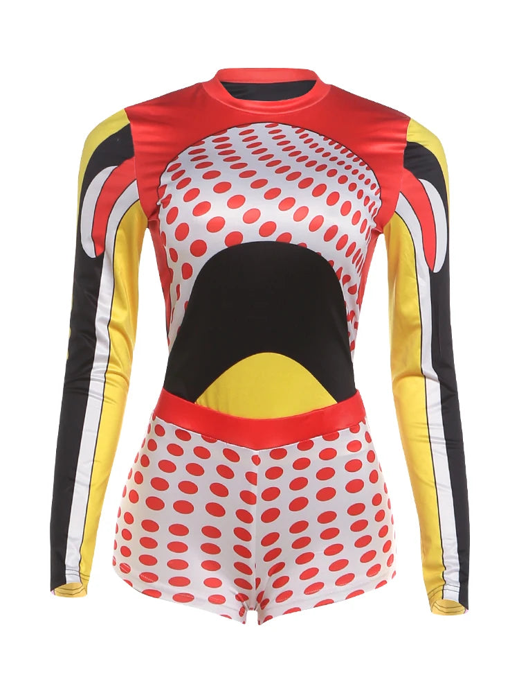Sisterlinda Trend 2 Piece Set Women Sexy Colorful Print O-Neck Full Sleeve Patchwork T-Shirt+Polka Dot Bike Short Streetwear