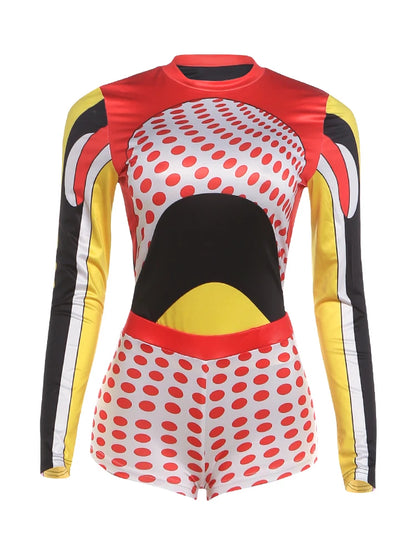 Sisterlinda Trend 2 Piece Set Women Sexy Colorful Print O-Neck Full Sleeve Patchwork T-Shirt+Polka Dot Bike Short Streetwear