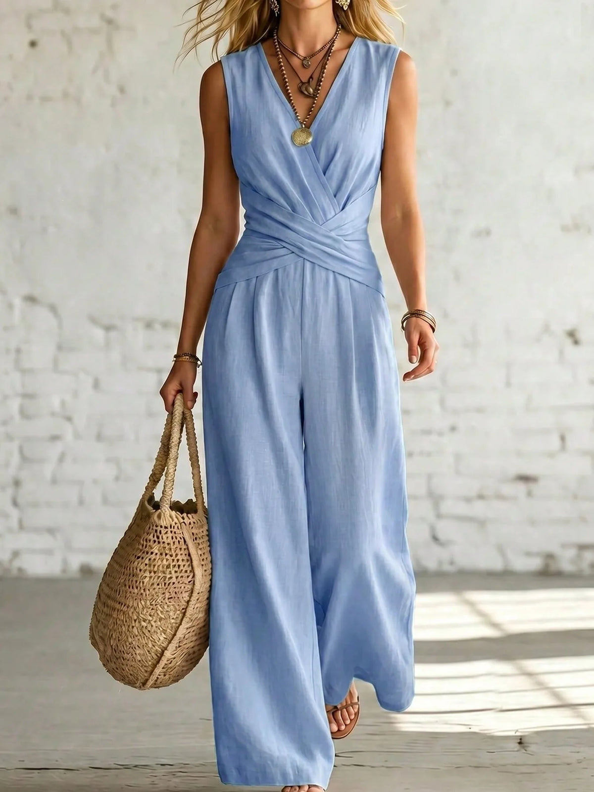 Fashion Light Blue Wide Leg Pants Jumpsuit Women's V-neck Sleeveless Cross Wrap Waist Design Rompers Summer Casual Jumpsuits