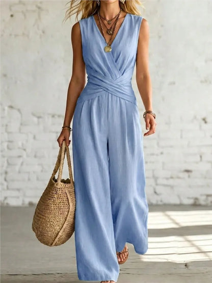 Fashion Light Blue Wide Leg Pants Jumpsuit Women's V-neck Sleeveless Cross Wrap Waist Design Rompers Summer Casual Jumpsuits