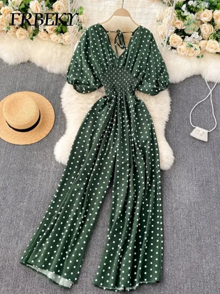 Jumpsuit Women Summer New Temperament Polka Dot V-neck High Waist Casual Wide Leg Jumpsuit Elegant Party One Piece Jumpsuits