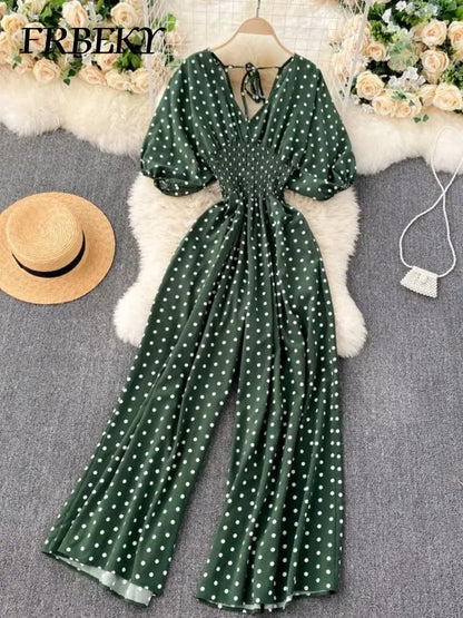 Jumpsuit Women Summer New Temperament Polka Dot V-neck High Waist Casual Wide Leg Jumpsuit Elegant Party One Piece Jumpsuits
