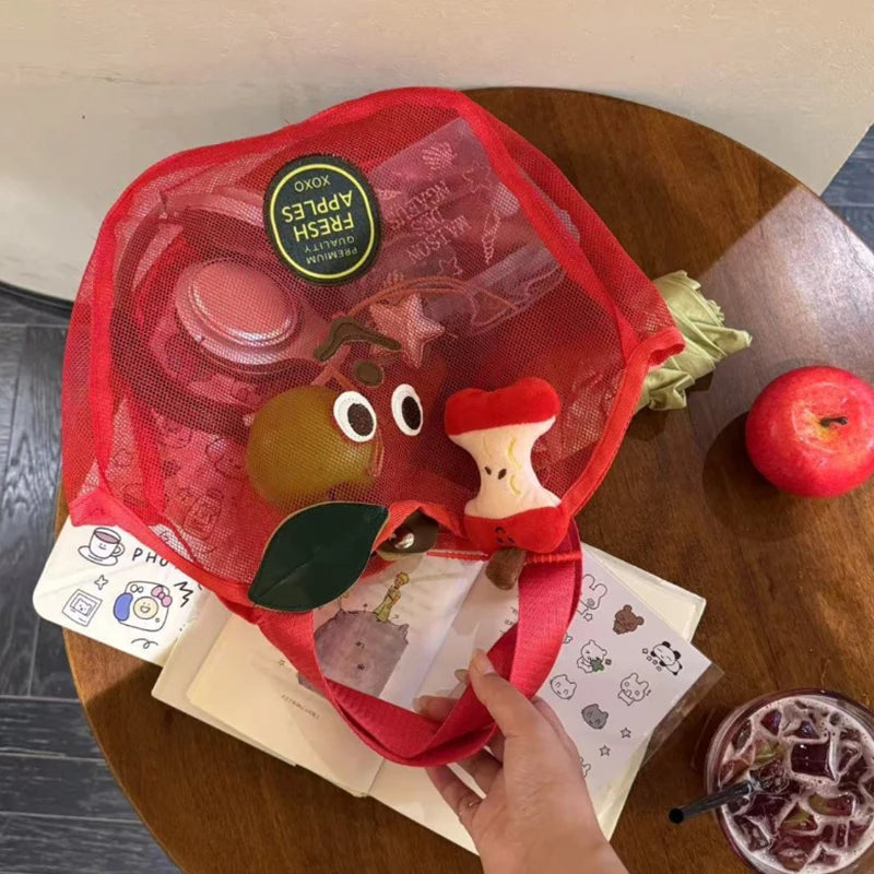 Cute Apple Mesh Handbag Niche Fruit-shaped Shoulder Bag Lightweight And Portable Travel Toiletry Storage Bag Fashion Beach Bag