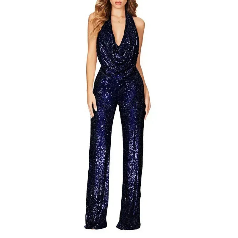 Sequins Sexy Jumpsuits Women Halter Fashion Summer Party Elegant Sleeveless Female New High Waist Street Straight Rompers