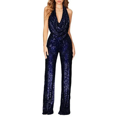 Sequins Sexy Jumpsuits Women Halter Fashion Summer Party Elegant Sleeveless Female New High Waist Street Straight Rompers