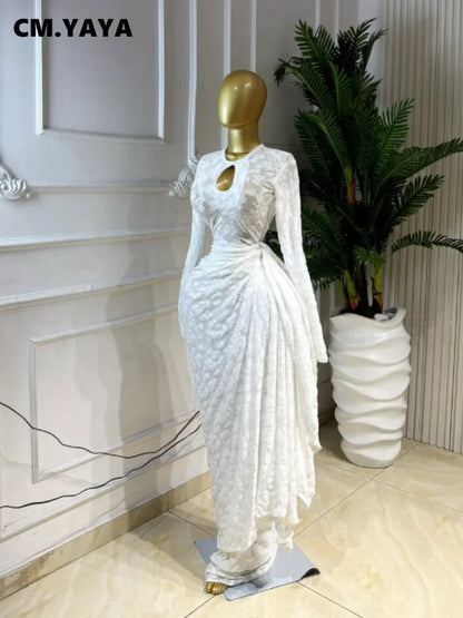 CM.YAYA Women O-neck Ribbon Ruched Long Sleeve Bodycon Maxi Long Dress 2026 Summer Sexy Birthday Party Vacation Trendy Dresses