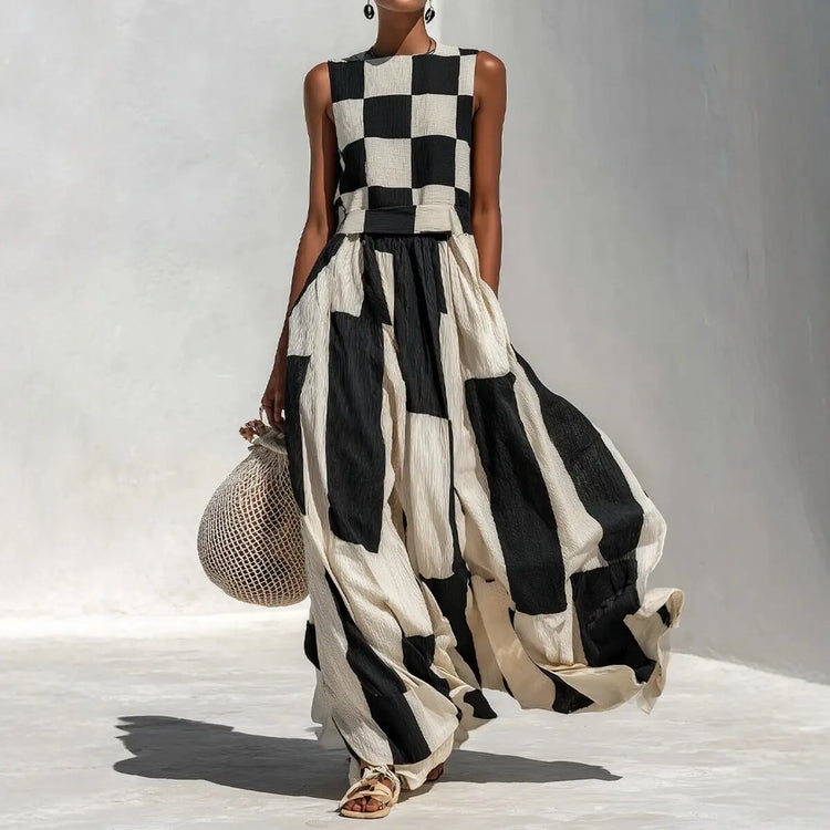 Women Black White Block Plaid Sleeveless Maxi Dress Crew Neck Loose Flowy Swing Long Sundress For Summer Boho Casual Dress
